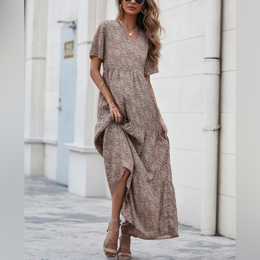 Floerns Women's Short Sleeve Boho Floral Dress A Line Smocked Midi Dress